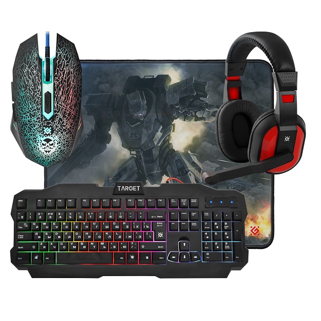 Комплект клавиатура + мышь + ковер + наушники Defender Target MKP-350 игровой, подсветка, USB, чёрный - картинка